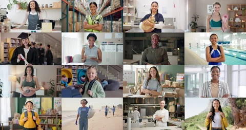 Face, diversity and collage of happy people in split screen for inclusion or Stock Footage 283549129