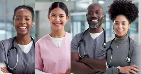 Face, doctors and happy people in hospital, collage and medical service with Stock Footage 326873716