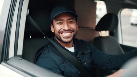 Face, driver and delivery man in van with laugh, shipping distribution and pride Stock Footage 341545680