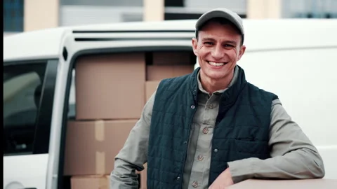 Face, driver and delivery man by van with boxes, shipping distribution or pride Stock Footage 341546036