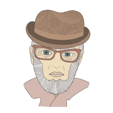 The face of an elderly male Zen Tangle. Aged man in a hat and glasses. Stock Illustration