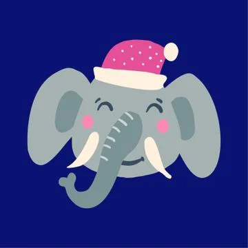 The face of an elephant in a Christmas hat. Stock Illustration