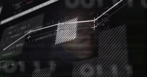 Face emerging from darkness initiating binary overlays sliding and graph 動画素材 328155418