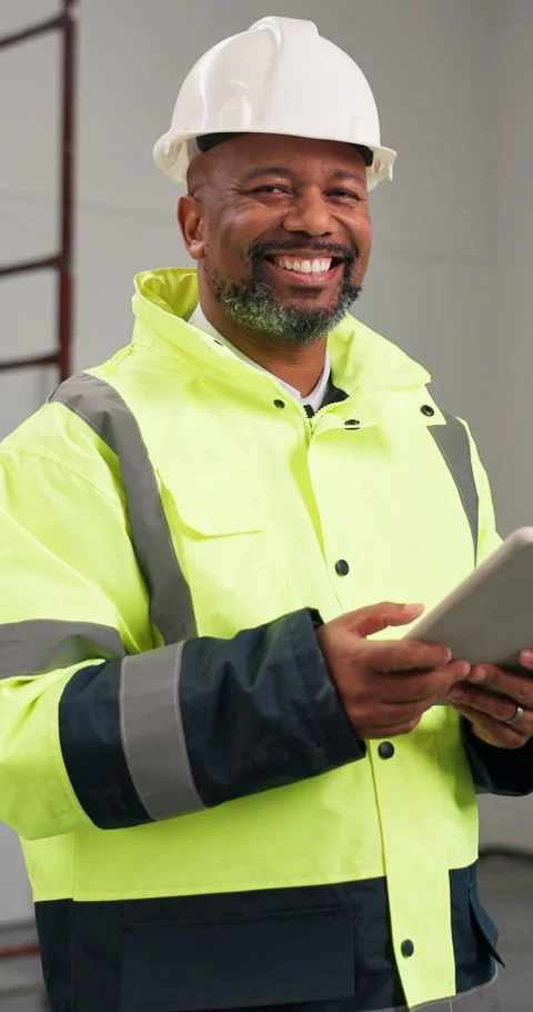 Face, engineer and black man at construction site with tablet, PPE and smile for Stock Footage 347327047