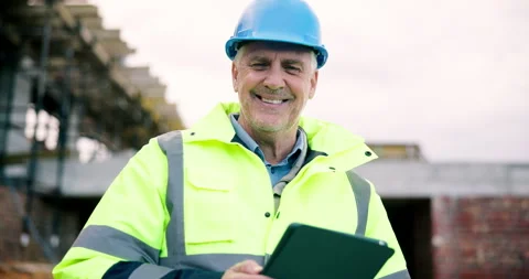 Face, engineer and happy man at construction site with tablet, building Stock Footage 337026761