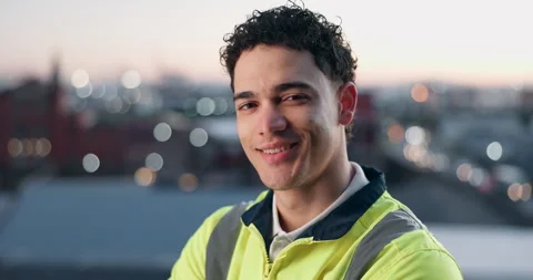 Face, engineer and happy man in city for construction, pride or civil Stock Footage 342732742
