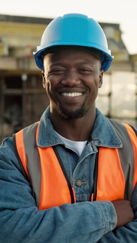 Face, engineer and rooftop with black man on construction site for pride Stock Footage 340903672