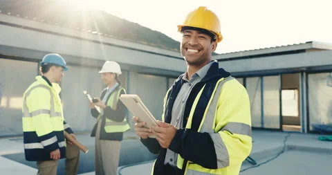 Face, engineer and tablet outdoor for construction, research and inspection Stock Footage 345572330