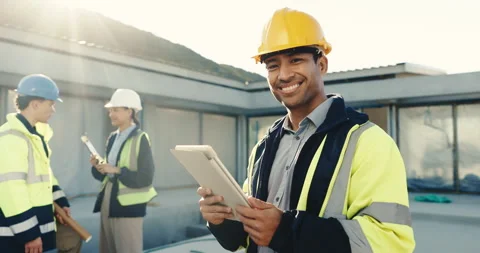 Face, engineer and tablet at site for construction, research and inspection Stock Footage 345576829