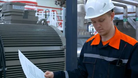 The face of an engineer at work in the workshop looks at the technological Foto stock