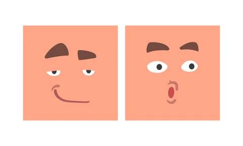 Face Expression and Emotion with Eyebrow and Mouth Grimace in Square Shape Illustrazione stock
