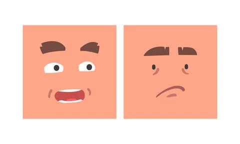 Face Expression and Emotion with Eyebrow and Mouth Grimace in Square Shape Illustrazione stock