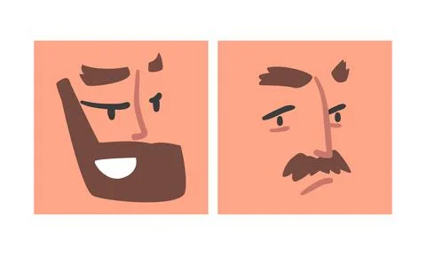 Face Expression and Emotion with Eyebrow and Mouth Grimace in Square Shape Illustrazione stock