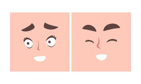 Face Expression and Emotion with Eyebrow and Mouth Grimace in Square Shape Illustrazione stock