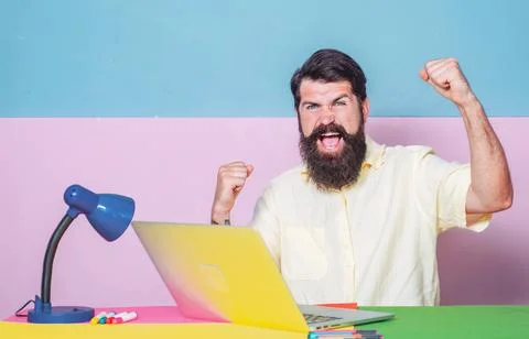 Face expression. Office workers screaming with laughter and can not stop with Stockfoto's