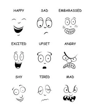 Face expressions with names for comic book, cartoon character isolated on whi Stock Illustration