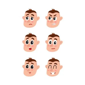 Face expressions set - upset, angry, surprised, doubtful, shy, happy Stock Illustration