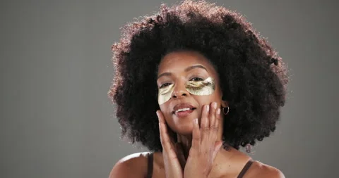 Face, eye patch or black woman with skincare, space or cosmetics for glow Stock Footage 310655685