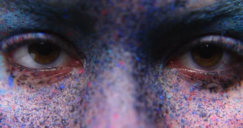 Face, eyes and colorful paint makeup of portrait woman, creative art and fantasy Stock Footage