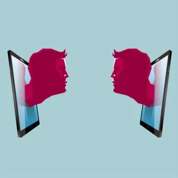 Face to face communication, the head sticks out of the tablet. Illustrazione stock