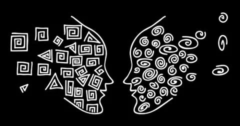 Face-to-face. Drawing a white line to face the silhouette of a human head on  Stock Illustration