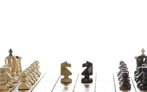 Face to face - two knights. Close up of chess pieces on board, isolated on .. Stock Photos