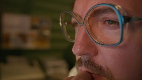 Face of Geeky Young Man Working on Retro Computer at Home Stock Footage 327233273