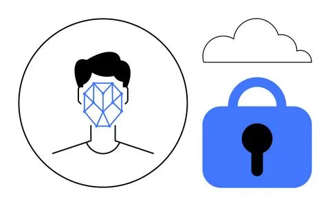 Face with geometric grid inside a circle, blue lock and cloud icons. Ideal fo Stock Illustration