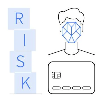 Face with geometric recognition lines, credit card, and stacked risk blocks.  Stockillustratie