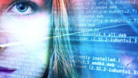 Face of a girl and computer code scrolling, technology and young generations Stock Footage 140992364