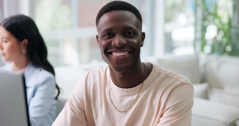 Face, glasses and smile of designer man in coworking office for research or web Stock Footage 335800749
