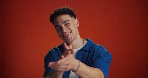 Face, happy man or clapping for congratulations in studio for goal achievement Stock Footage 314035804