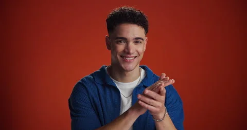 Face, happy man or clapping for success in studio for goal achievement, winning Stock Footage 314035983