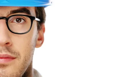 Face, hard hat and man with glasses, engineer and employee isolated on white Stock Footage 262725443