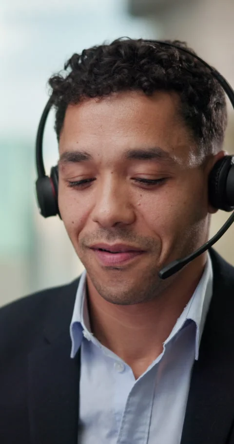 Face, headset and smile with man in call center for assistance, feedback or Stock Footage 341074273