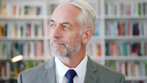 Face, history and thinking with man in library for archives, book collection or Stock Footage 336296417