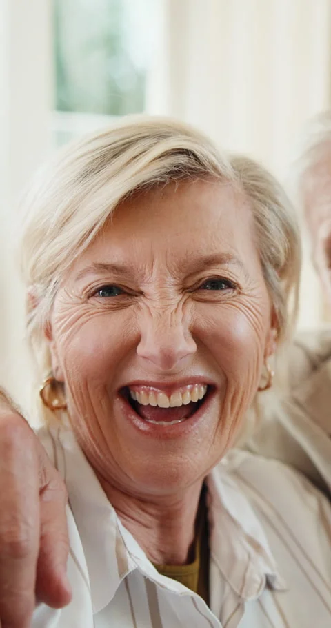 Face, hug and elderly couple in home with love, bonding and happy together in Stock Footage 341381821