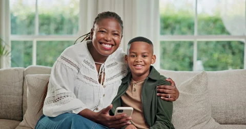 Face, hug and mom with boy on sofa for bonding with online game, internet and Stock Footage 341458107