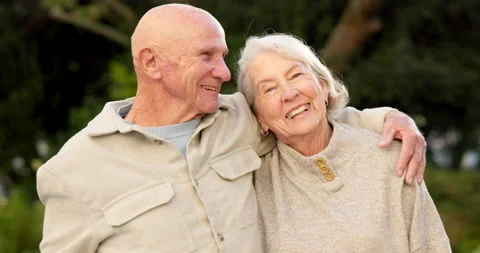 Face, hug and old couple with care outdoor happiness and loyalty with commitment Stock Footage 340608112