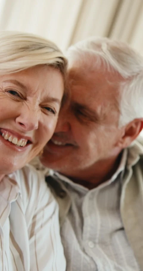 Face, hug and old couple in home with love, bonding and happy together in living Stock Footage 341382146