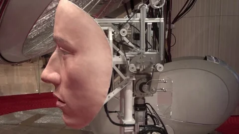 The face of a humanoid AI android robot moving. 스톡 동영상 334614076