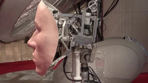 The face of a humanoid AI android robot moving. 스톡 동영상 334617714