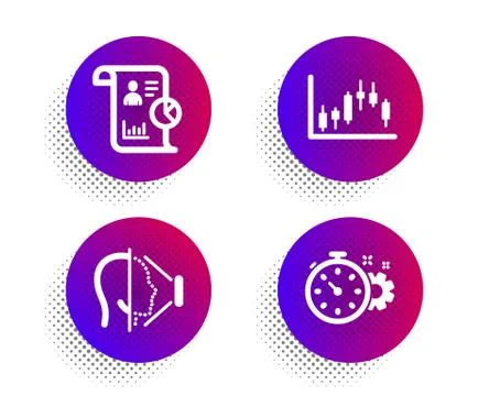 Face id, Candlestick graph and Report icons set. Cogwheel timer sign. Vector Stock Illustration