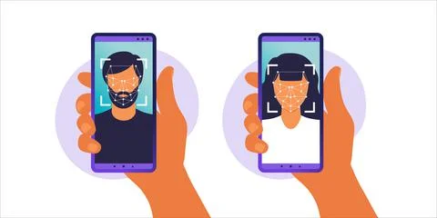 Face ID, face recognition system. Facial biometric identification system scan Illustrazione stock