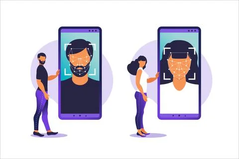 Face ID, face recognition system. Facial biometric identification system scan Illustrazione stock