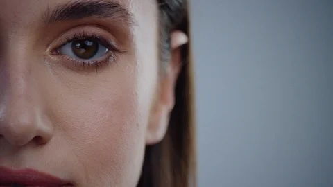 Face ID. Future. Half Face of Young Caucasian Woman for Face Detection. Brown Stock Footage 125051395