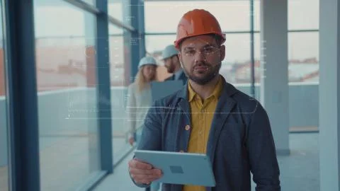 Face ID. Futuristic Technological 3D Scanning of Face of Bearded Caucasian Stock Photos