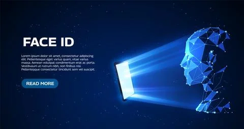 Face ID landing page vector design, smartphone scans a persons face, forming a Stock Illustration