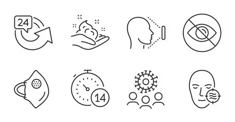 Face id, Problem skin and 24 hours icons set. Quarantine, Coronavirus and Not Stock Illustration