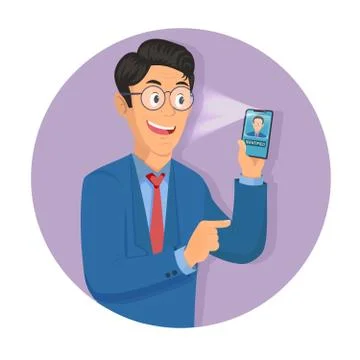Face identification of bussines man. Vector illustration of man holds smartphone Stock Illustration